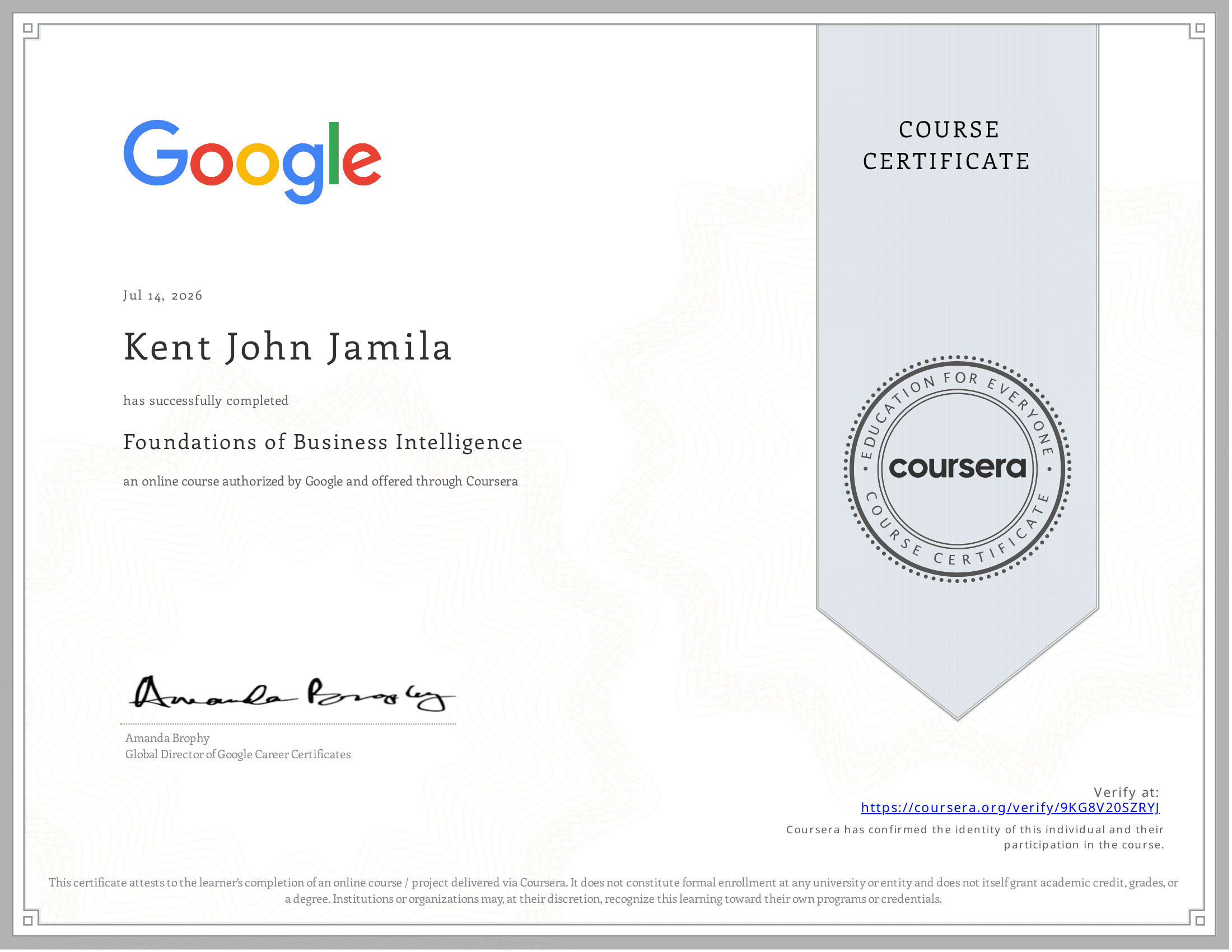 Foundations of Business Intelligence certificate